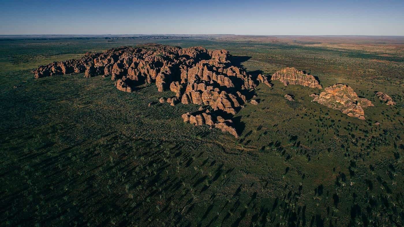 Aerial view of the striped domes of the Bungle Bungle Range