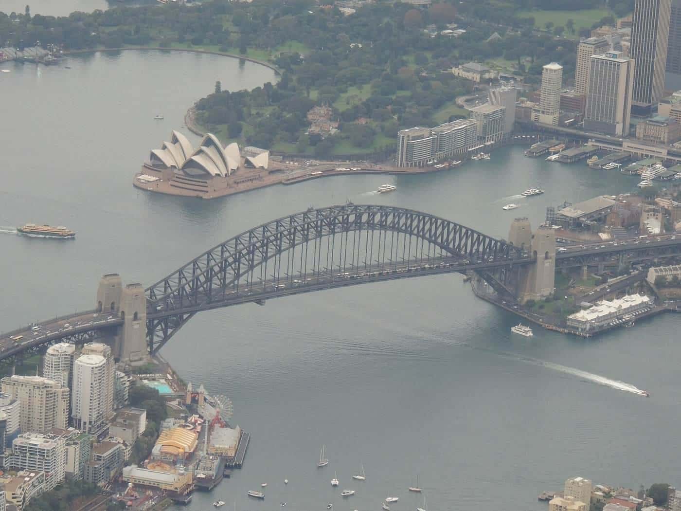 Aerial view of the Sydney Harbour Bridge and Opera House